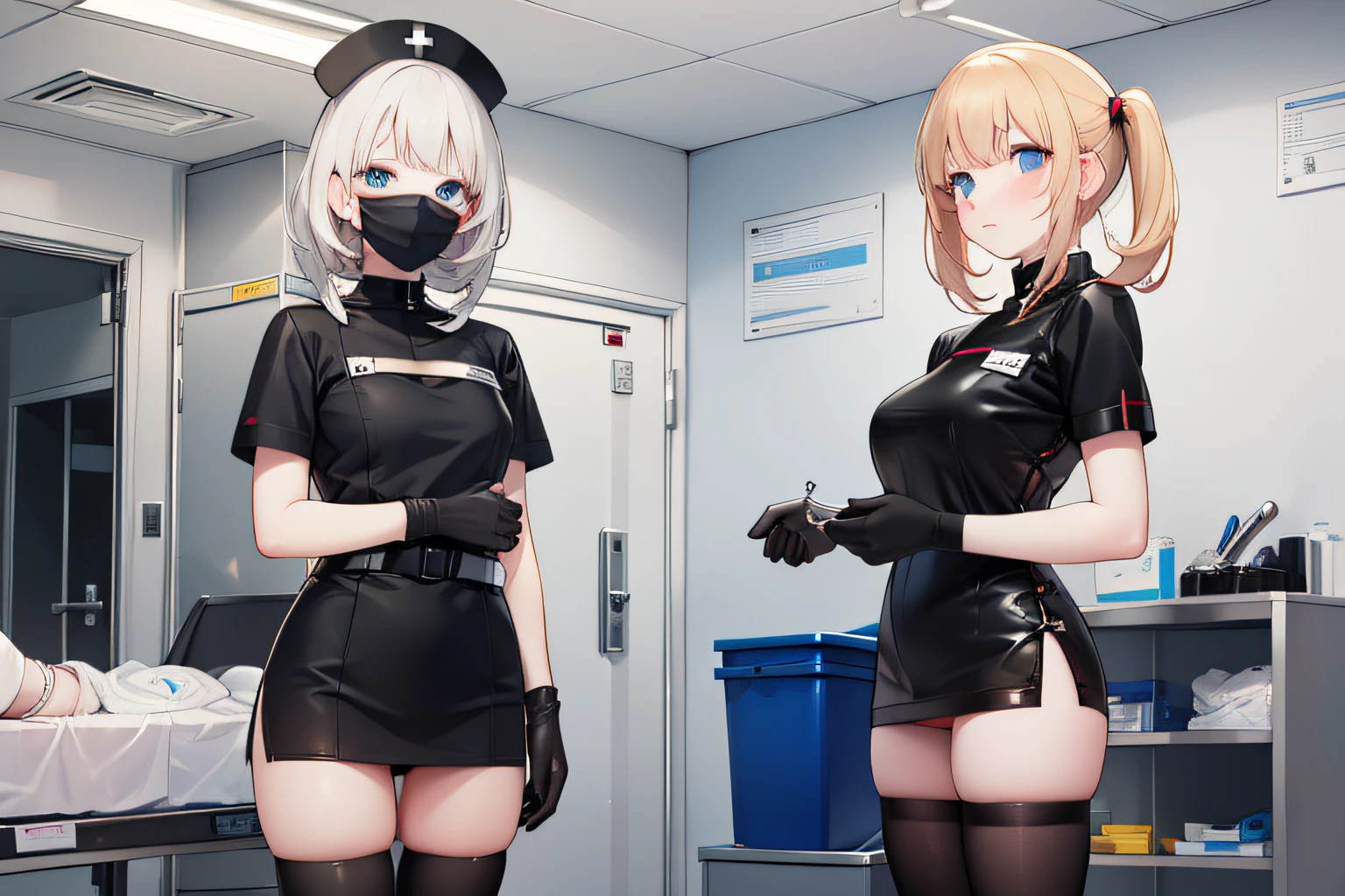 hospital, latex nurse suit,nurse,busty,gloves,labcoat,silver hair woman, azure eyes , gigantic boobs ,medical instruments,asian nurse,two nurses,speculum,examination room,oversize boobs,mask ,big ass ,strap on
