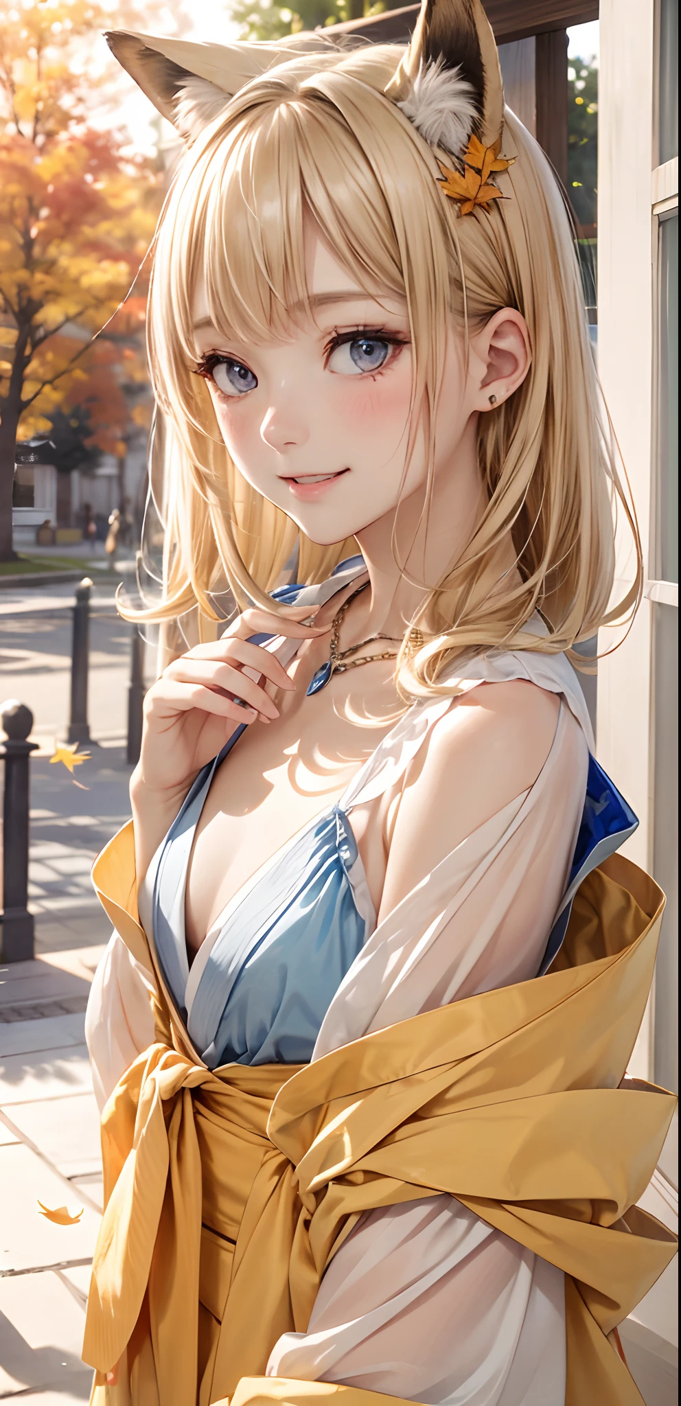 absurderes, ultra-detailliert,bright colour,masuter piece,extremely beautiful detailed face and eyes,Highest quality 8K resolution,Realistic, Vibrant colors, Soft tones, Warm and gentle lighting,(Smooth straight blonde hair:1.2),(Hair parted in the middle:1.2),(Glowing hair),(cobalt eyes:1.3),(Nostalgic atmosphere),The town is surrounded by mysterious boundaries,Cool morning clouds are calm and peaceful,The tree々The gentle sunlight illuminates the space.,Like multicolored glass,Garden Girl,gentle sunlight,Soft breeze,Delicate flowers,Butterflies flutter by,Mesmerizing natural beauty,Fragments of Shining Stars,Fox personification,A smile、Blushing、Red Moon、Yellow skin、Yellow mesh、yellow thin kimono、Autumn leaves at night、Valley、double tooth、Small necklace