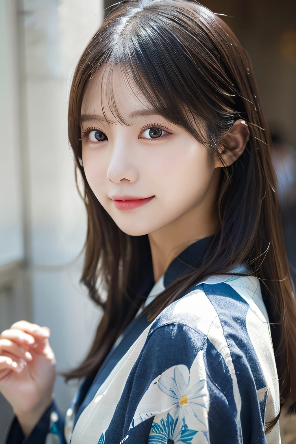 (Kimono)、randome pose、(top-quality,masterpiece:1.3,超A high resolution,),(ultra-detailliert,Caustics),(Photorealsitic:1.4,RAW shooting,)Ultra-realistic capture,A highly detailed,High resolution 16K human skin closeup、 Skin texture is natural、、The skin looks healthy with an even tone、 Use natural light and color,1人,japanes,23years old,kawaii,A dark-haired,Middle hair,,smil,,(depth of fields、chromatic abberation、、Wide range of lighting、Natural Shading、)、