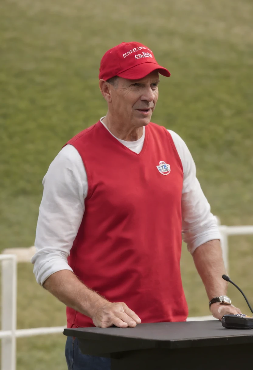 An image of the character wearing a red hat and shirt, standing in front of a podium with a microphone, passionately addressing a crowd.,original,50 year old while male that is a football coach and is visibly upset