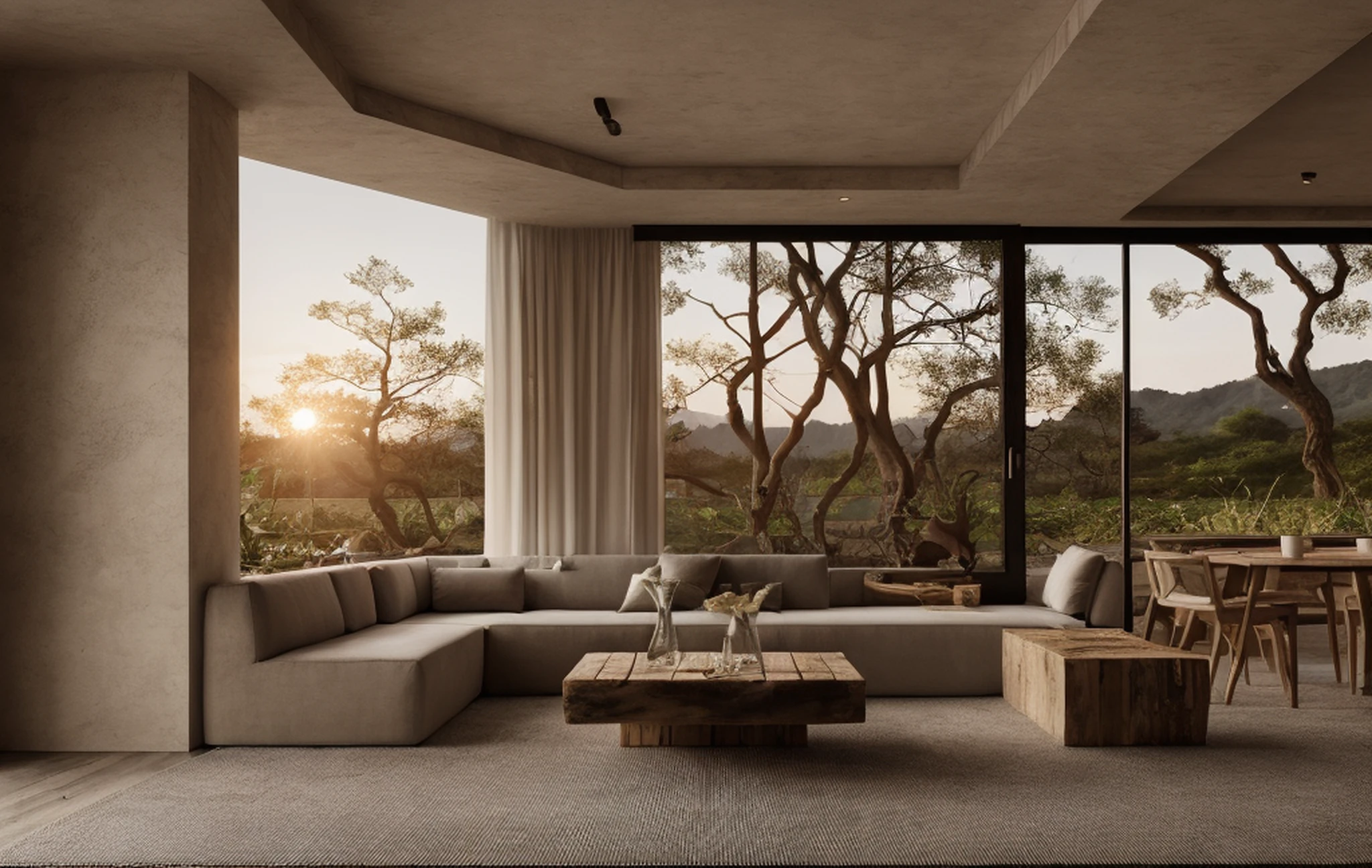 wabi sabi livingroom interior, large glass window, garden outside, dinning table and chải, couch, rough-hewn wood coffee table, sunrise morning, natural light, low contrast, cinematic,