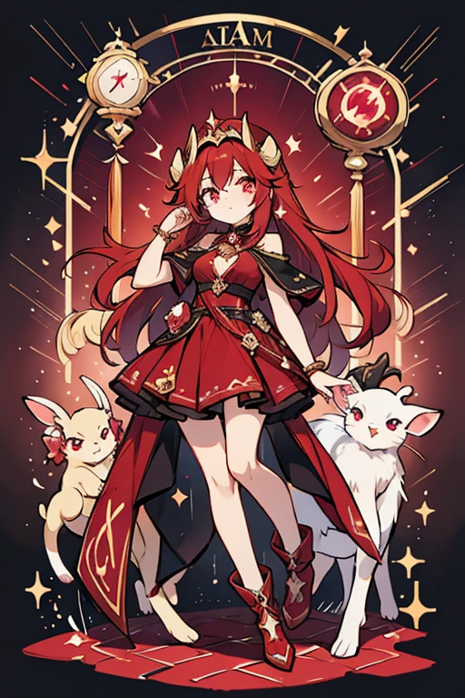 anime style; 3d; glitter; horoscope sign Aries goddess; color red; Ram details; ♈ symbol; garnet stone