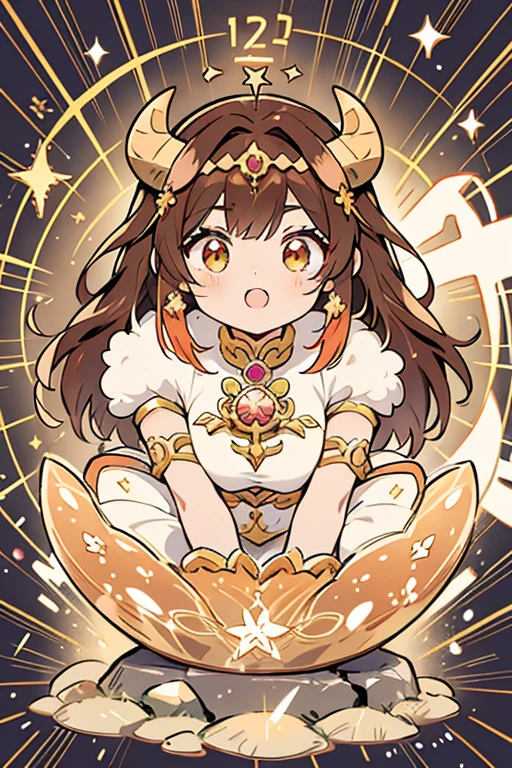 anime style; 3d; glitter; horoscope sign Taurus goddess; color brown; Bull details; ♉ symbol; aragonite stone;