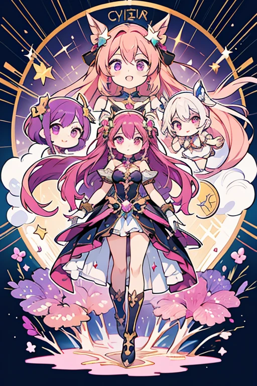 anime style; 3d; glitter; horoscope sign Gemini goddess; color purple; Twins details; ♊ symbol; alexandrite stone