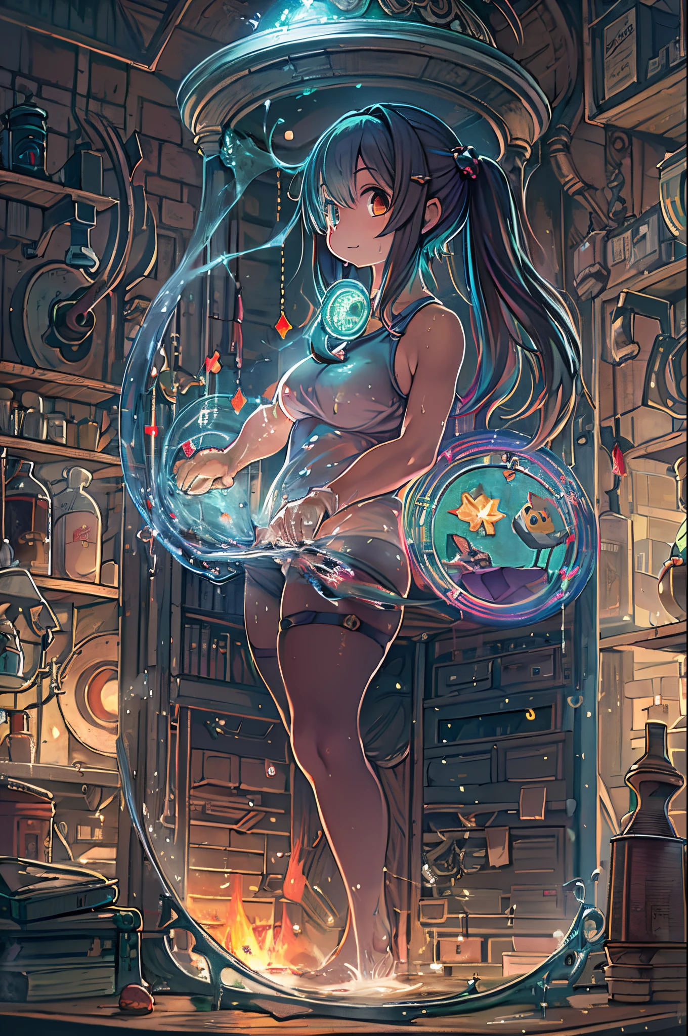 masutepiece, High resolution, Anime-style beautiful girl, Being in a dirty beaker, Immersion in liquid, homunculus, Magic Circle, Small room with phosphorescent flash, Perfect Beautiful Girl, No clothes, glowing from the inside, Staring at the viewer, laught, 3D Rendering, Perspective, Awesome anime illustrations, Impressive lighting, Fantastic, dangerous, immensity