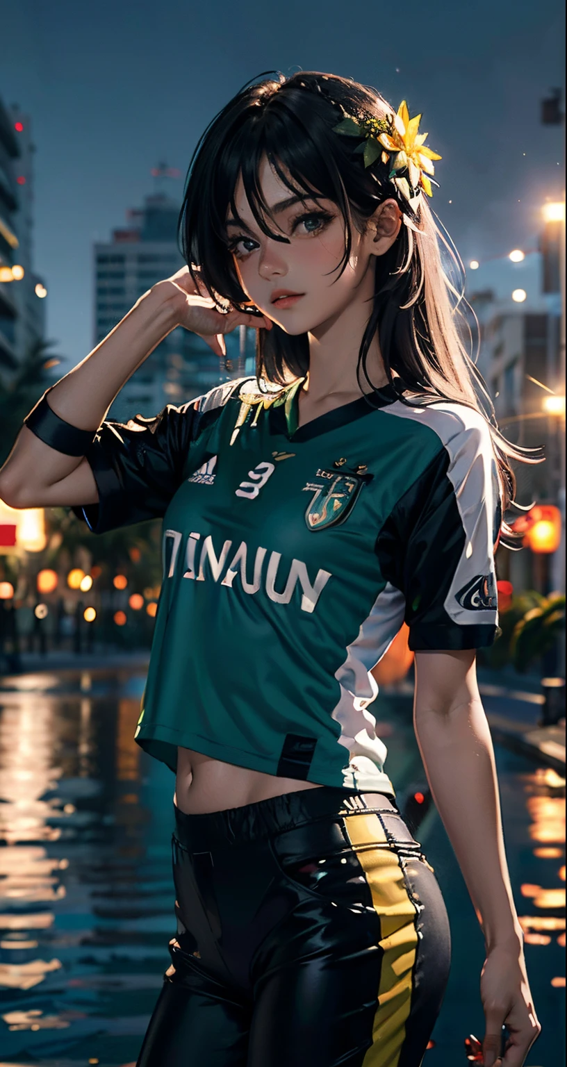 La mejor calidad, Obra maestra, realista, fotorrealista, 1 boy and a girl, solamente, Mirando al espectador, cuerpo completo, En pie, cosplaysexy the girl, Brazilian background, Noche, luz, lluvia, the boy with the Palmeiras soccer team shirt