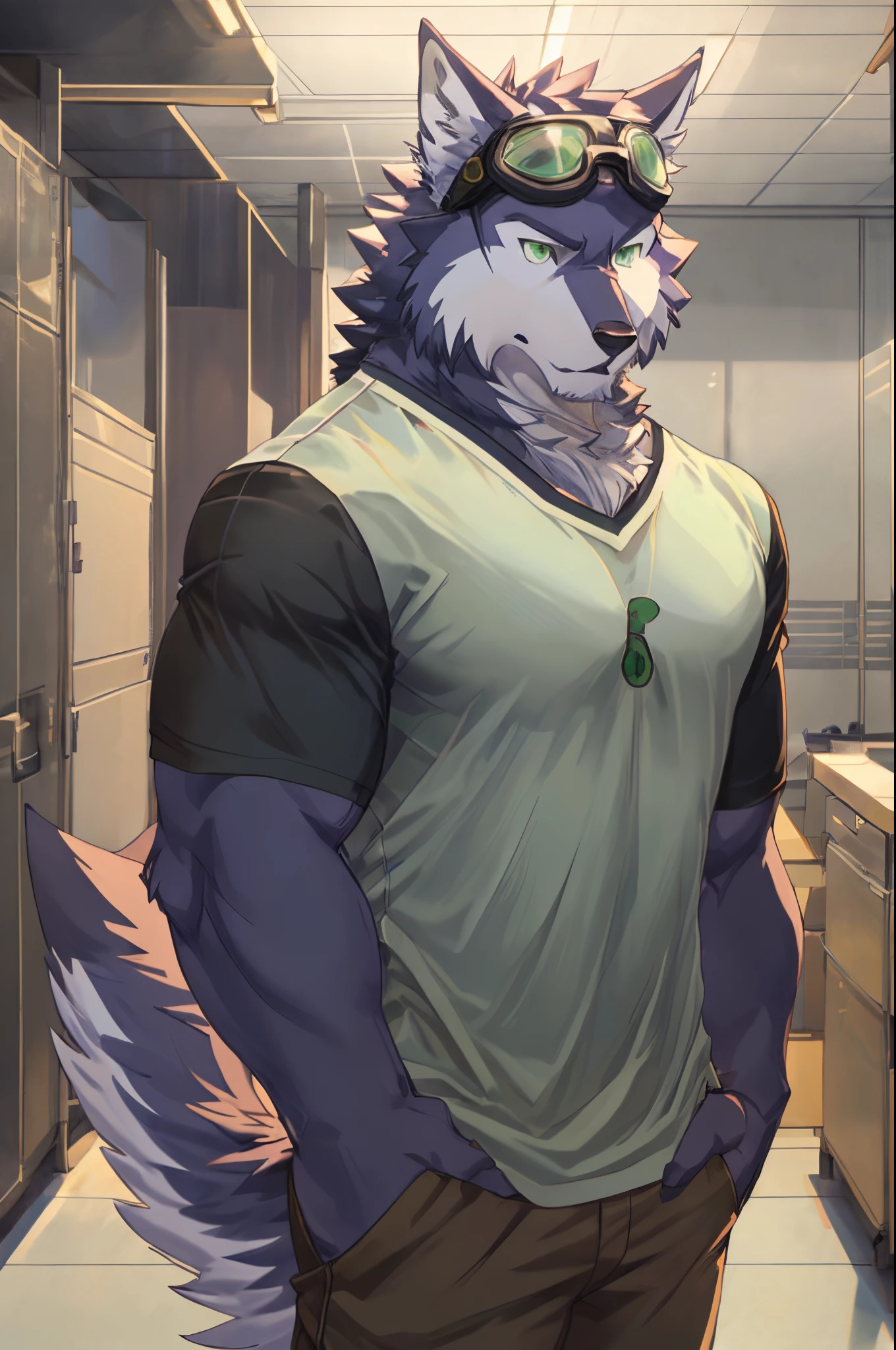 Best quality, Solo, Shoichi Urata, Furry Wolf, Dark Fur, Green eyes, Medium Muscular Body, Casual Shirt, Goggles, Handsome, Good Looking, Cool Pose.