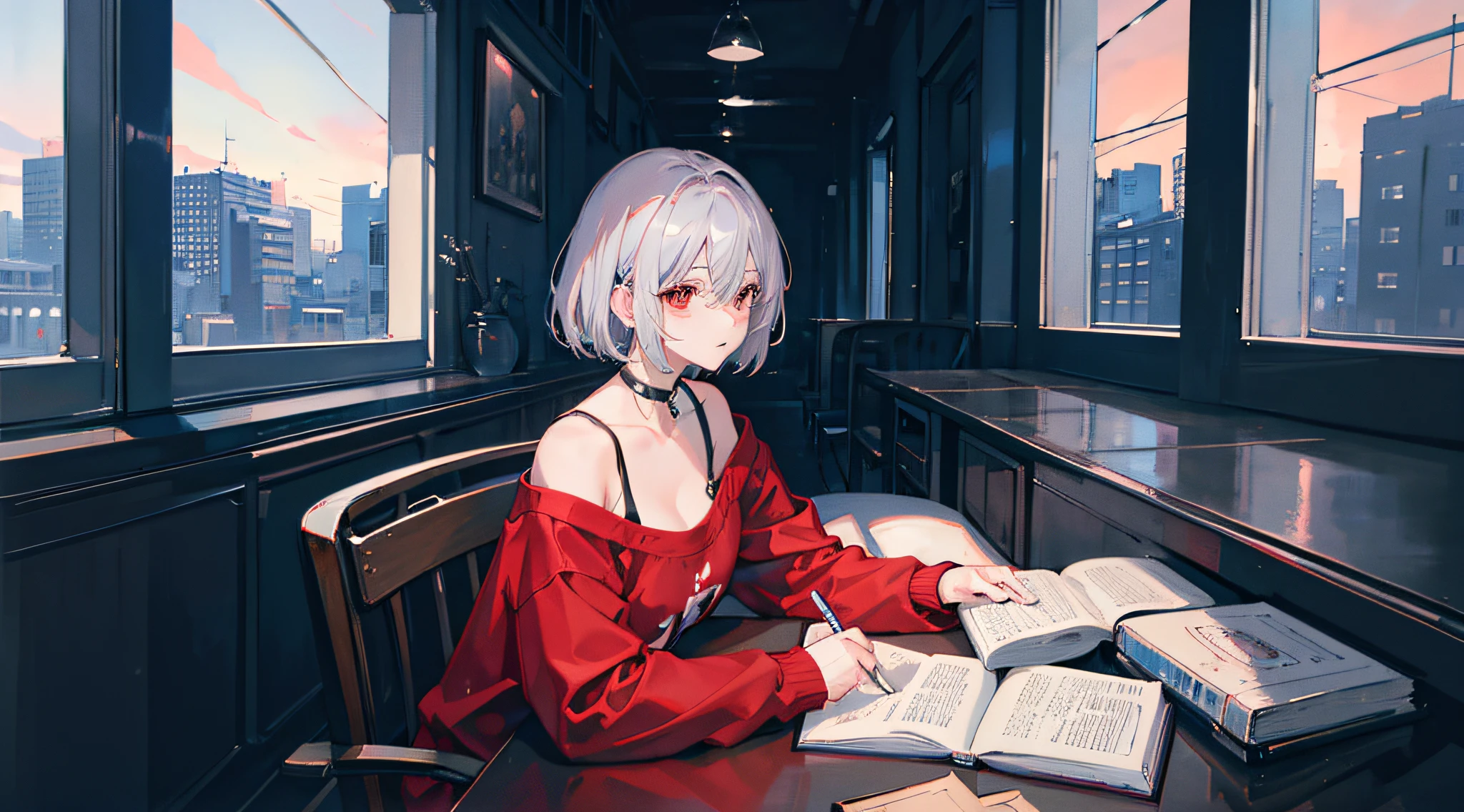 1Girl, short silver hair, red eyes, wearing cozy red shirt, black skirt, absurdres, high res, ultrasharp, 8K, masterpiece, High-rise apartment, Desk, Studying for school, Books, Note pads, Over-ear headphones, Listening to music, Night, Starry sky, Large window, Stylish decoration, Cozy atmosphere, Blue light, Calm mood, Peaceful ambiance, Cool blue tones, Soft lighting