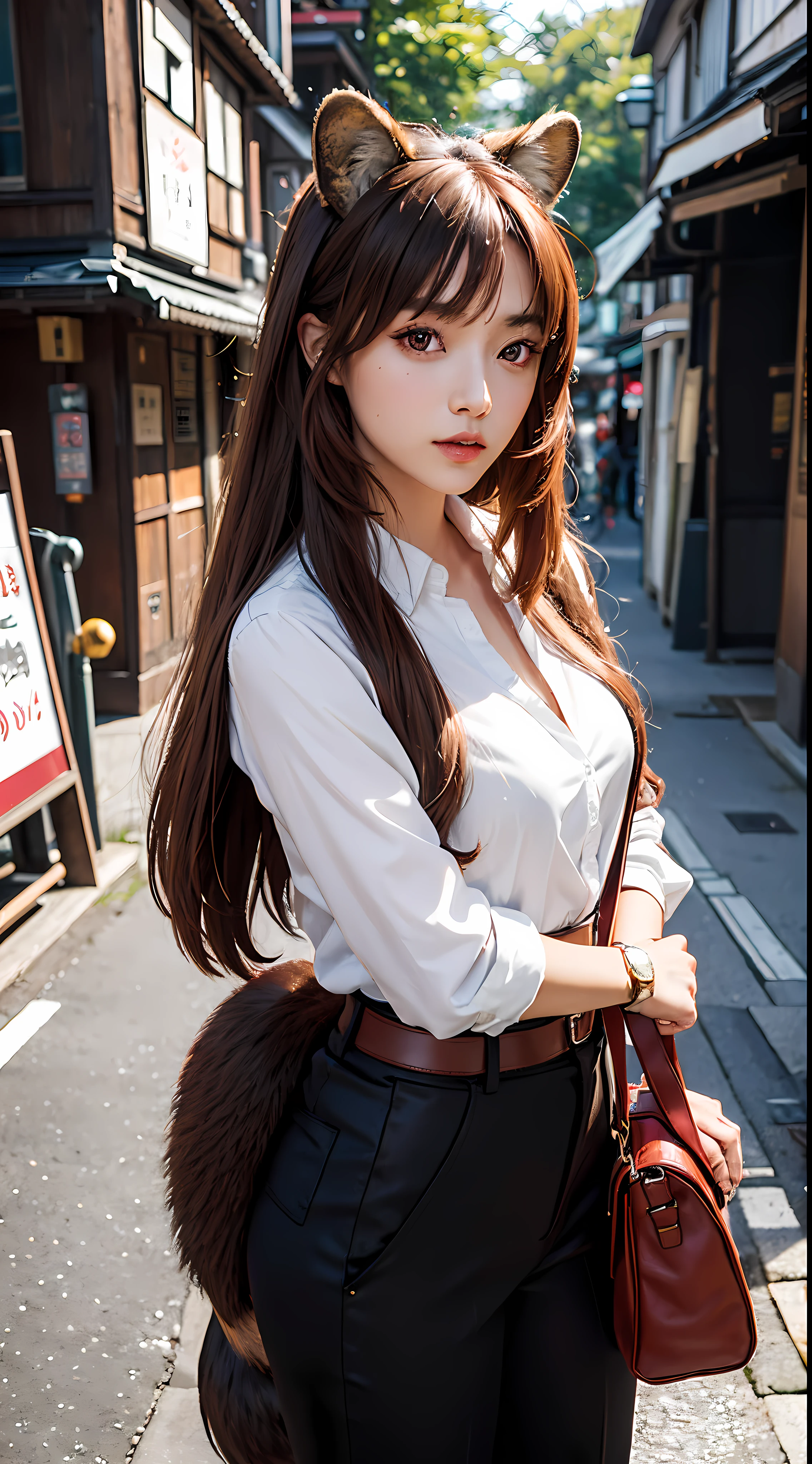 raphtalia, animal ears, brown hair, long hair, raccoon ears, raccoon girl, raccoon tail, (red eyes:1.5), tail, beautiful, beautiful woman, perfect body, perfect breasts, wearing a white formal shirt, black blazer, trousers , handbag, wearing a watch, wearing earrings, in public, being in tokyo city, being on the street, looking at the viewer, a slight smile, realism, masterpiece, textured leather, super detailed, high detail, high quality, best quality , 1080p, 16k