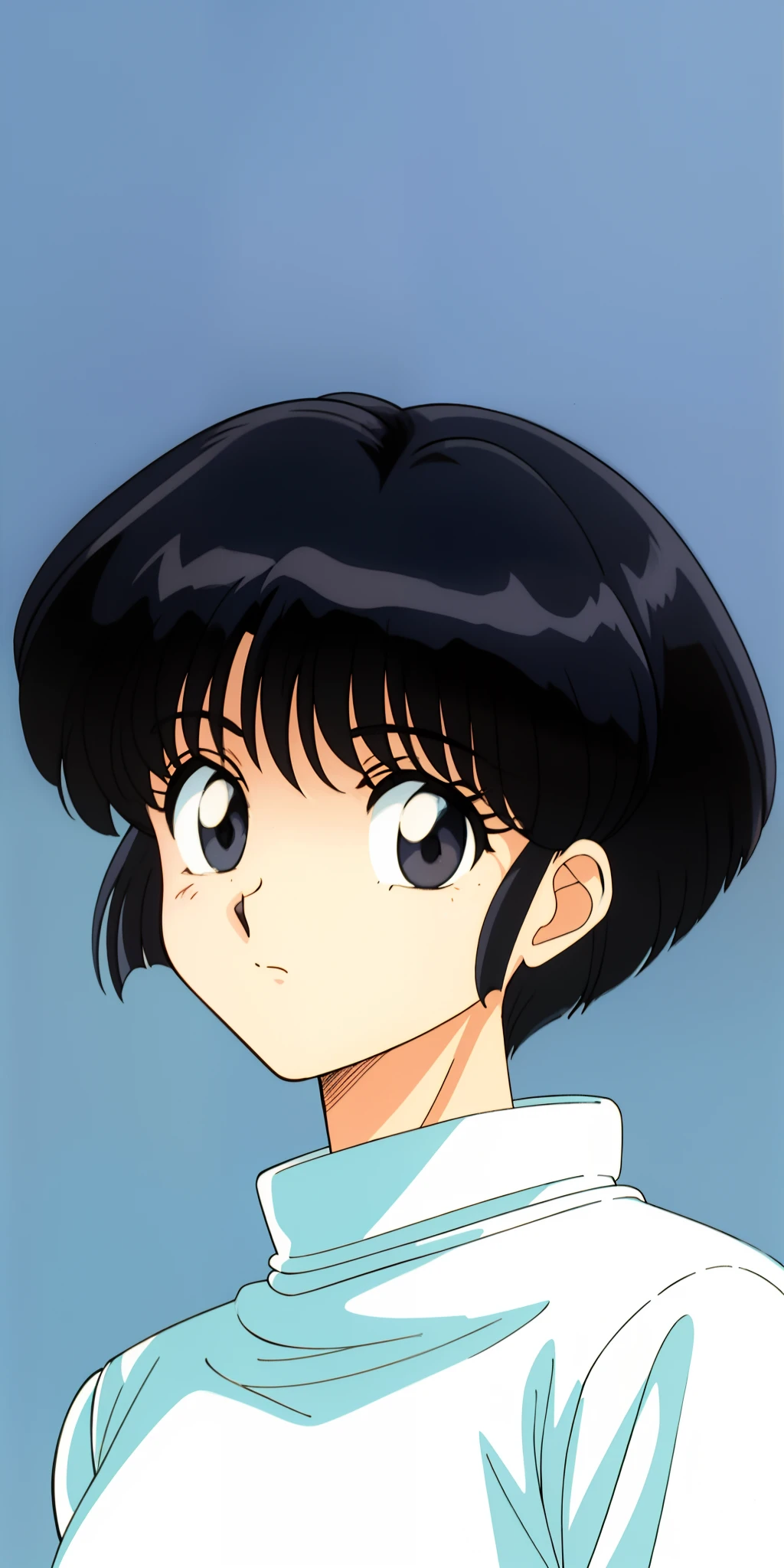 muted pastel colors, Retro anime, аниме 1990-х, 1980s anime, brushstrokes, tmasterpiece, beste-Qualit, 1girl, 独奏, kblack eyes, white colored hair, black sweater top, Bob haircut, closed mouth, hairlong, Simple background