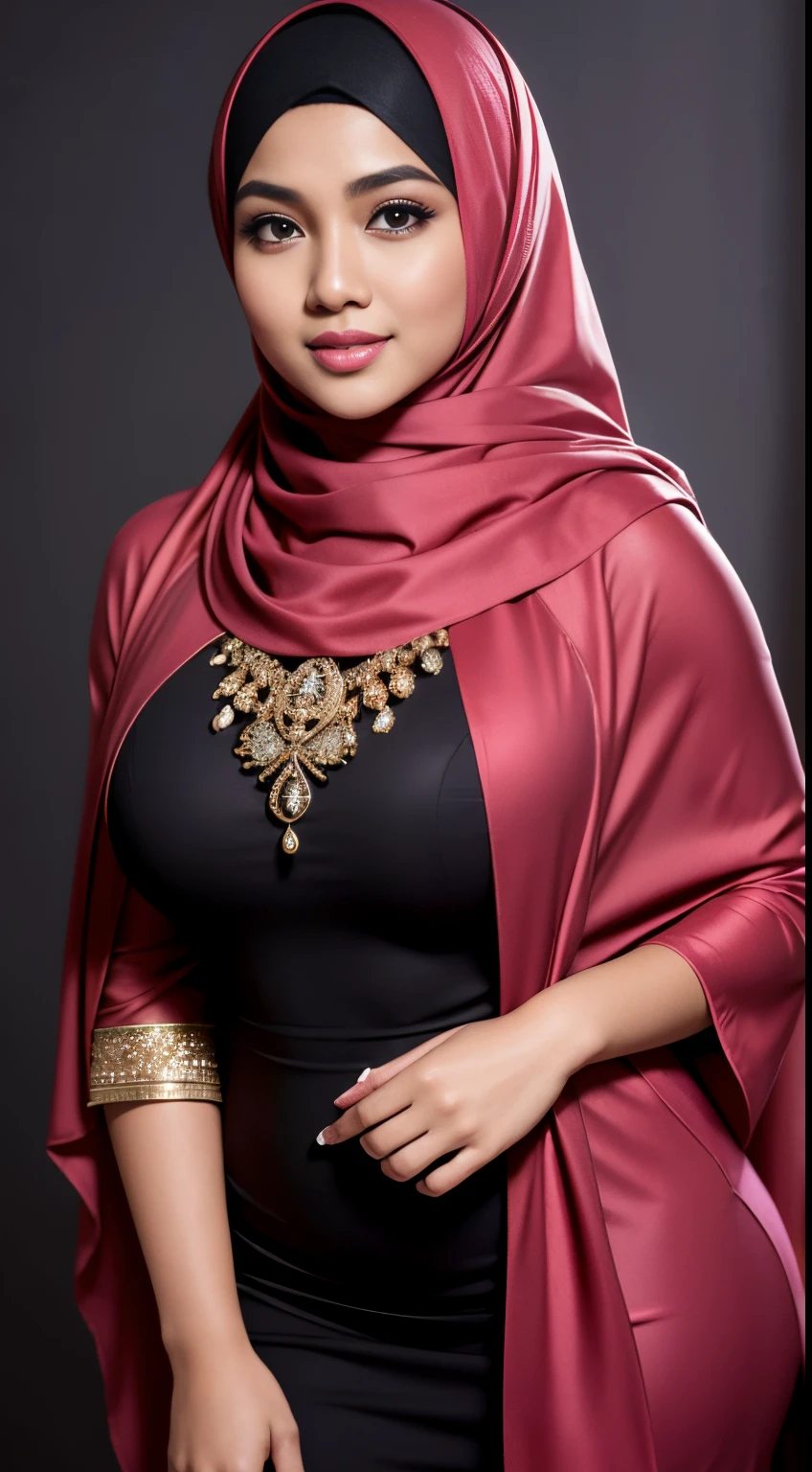 RAW, Best quality, high resolution, masterpiece: 1.3), beautiful Malay woman in hijab (iu:0.8)1beautiful Malay woman in hijab wearing modern youth Muslim clothing,big breast, modern muslim fashion, flowing shawl, portrait photography, mid shot photo, ultra detail, professional photo with professional lighting, smile, random background, sexy seductive pose, curvy ,