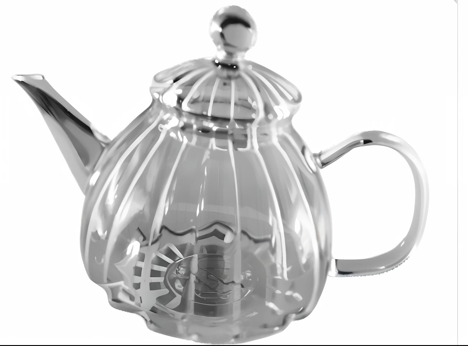 um close de um bule com tampa em um fundo branco, com vidro transparente, glass tableware, full view, very sharp, shadowless with front lighting