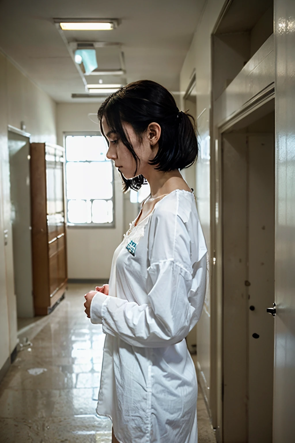 skinny girl with short black ones in a white long nightie, barn, one, Empty corridor, Stands in profile, profile, teenaged, Long shirt, skinny girl, Graceful girl, Anorexia, Hospital corridor, hospital, Long corridor, black hair, Bob hairstyle, Cyan eyes, pallor, White Skin Skin, Bruises on his hands, Injury, scratches on the skin, 血, white long-sleeved shirt, Long shirt, nightgown, hospital pajamas, long nightgown, hospital, realistic shot, sad atmosphere, cool colors