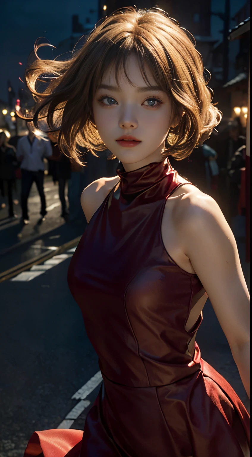 Mature look、a blonde girl、Blue eyes、20-year-old cute girl、20 year old Japan girl、Rose hair ornament、Black and red dress、turtle neck、Sleeveless、Vampire-like bewitching、Vampire-like charm、allure、「It depicts beauty。She moved freely in the darkness.、Dancing gracefully while feeling the power of the wind。

Transparent、Moonlight reflects。Less susceptible to gravity、Its movements are graceful and light。

Beauties can float in the sky。Her expression was calm and、Face that is、Face that is、Face that is、Face that is、It's like giving off a sense of liberation.. ...。