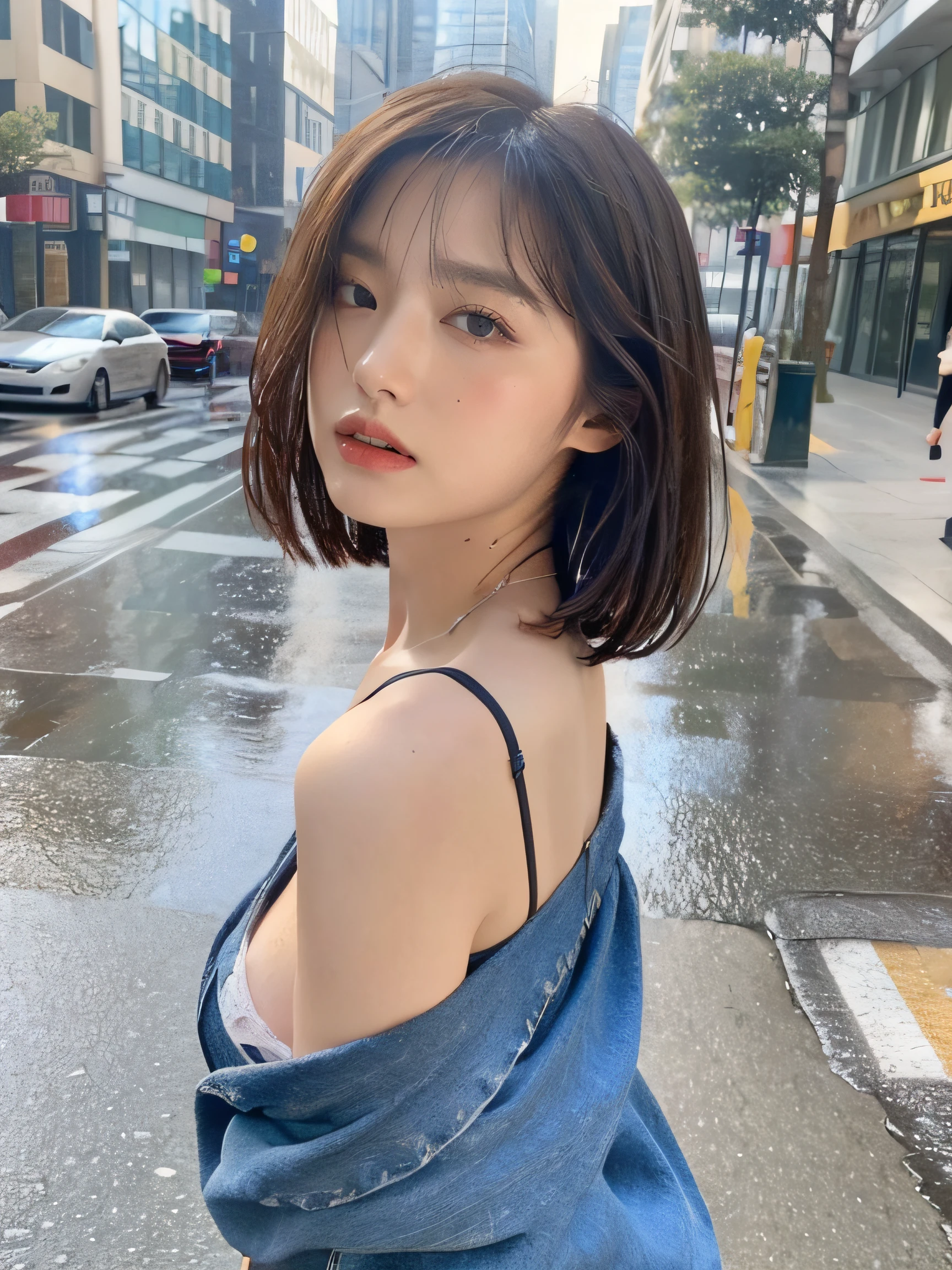((Best Quality, 8k, Masterpiece:1.3)), Focus:1.2, Perfect Body Beauty:1.4, Buttocks:1.2, ((Layered Haircut, Breasts:1.2)), (Wet Clothes:1.1) , (Rain, Street:1.3), Bandeau Dress: 1.1, Highly Detailed Face and Skin Texture, Fine Eyes, Double Eyelids, Whitened Skin, Long Hair, (Shut Up: 1.3)