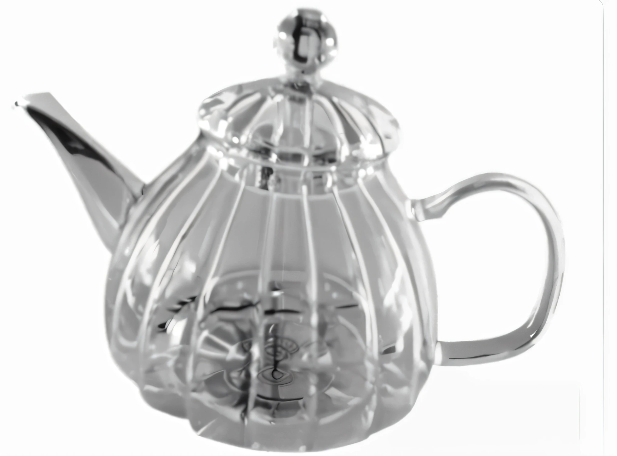 um close de um bule com tampa em um fundo branco, com vidro transparente, glass tableware, full view, very sharp, shadowless with front lighting