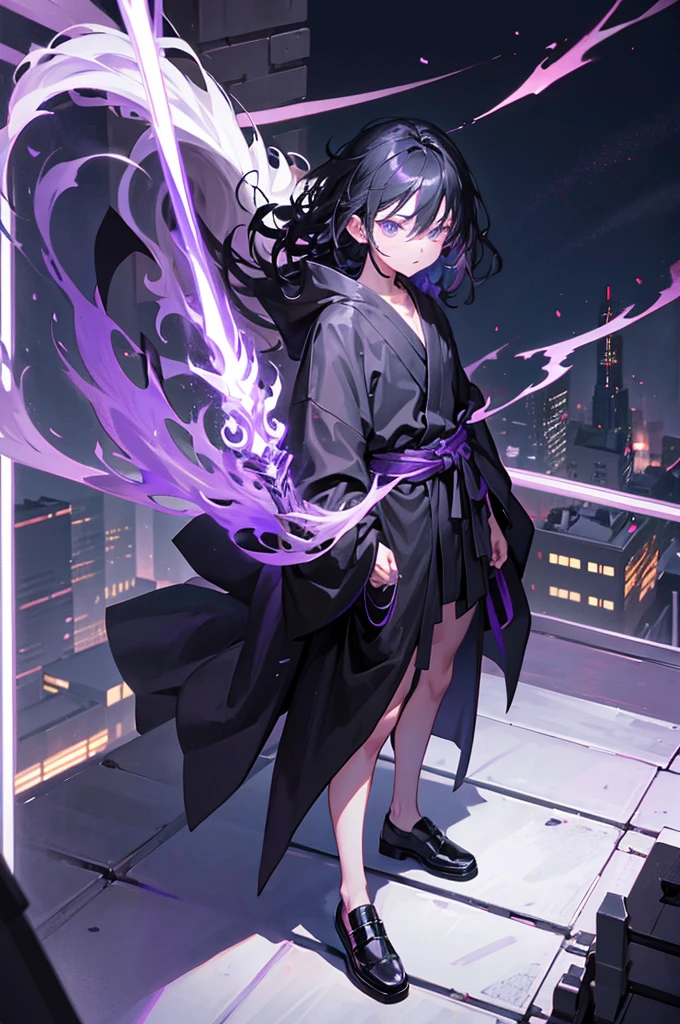 Anime, Full body, Standing, Man, Black robe, black shoes, holding spear, black messy hair, Black eyes, purple aura, background night city, footing in rooftop, dead eyed