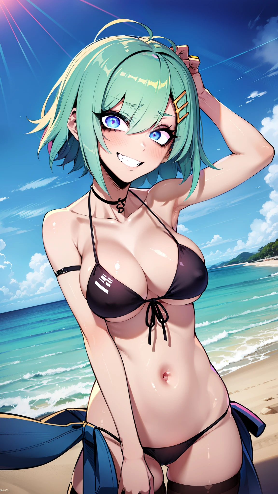 1girl, glowing, glowing eye, short hair, smile, teeth, upper body, upper teeth only, ringed eyes, bikini, beach, 2d art, splash art, illustration, digital art, best quality, hard shading