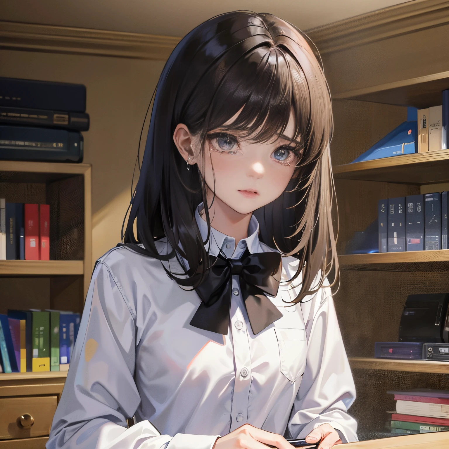In the principal's office, there is a girl standing up, holding a mobile phone in her hand, aggrieved, crying, tears, talking, long black hair, super detailed, 4k, white, no bow tie,
