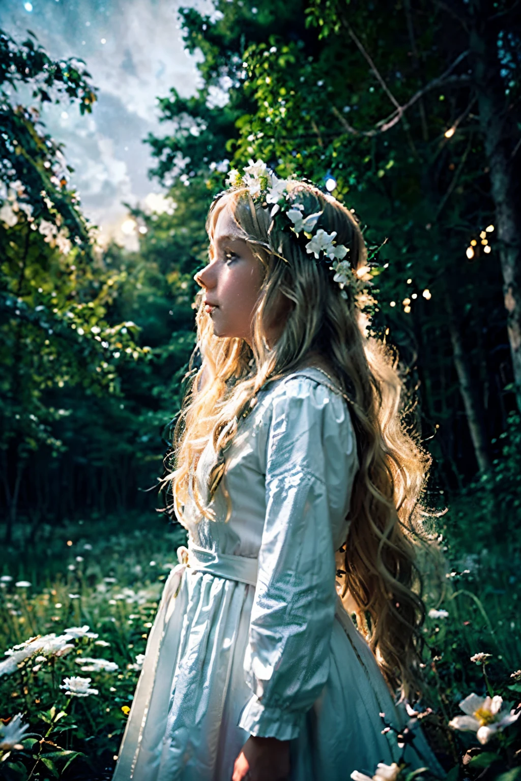  with blonde hair, wreath on his head, white long dress, Vintage Dress, Fantasy Clothing, rope belt, White flowers in hair, long flowing hair, Wavy Hair, girl standing in profile, profile, A magical forest, Magic Lights, realistic shot, filmstill, Flying Lights, night  sky, Starry sky in the background, Night Forest