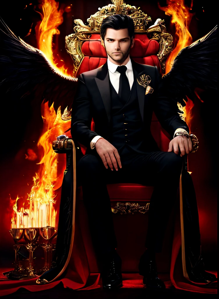 (10, bestquality, masterpiece:), Lucifer Morningstar, An English male angel with dark hair., Naughty smile, fire wings, Demons, Fallen Angels, Flames in the background, details, Dark suit, Club theme, 1:Ratio 1, Sitting on a throne drinking whiskey, details, Realistic