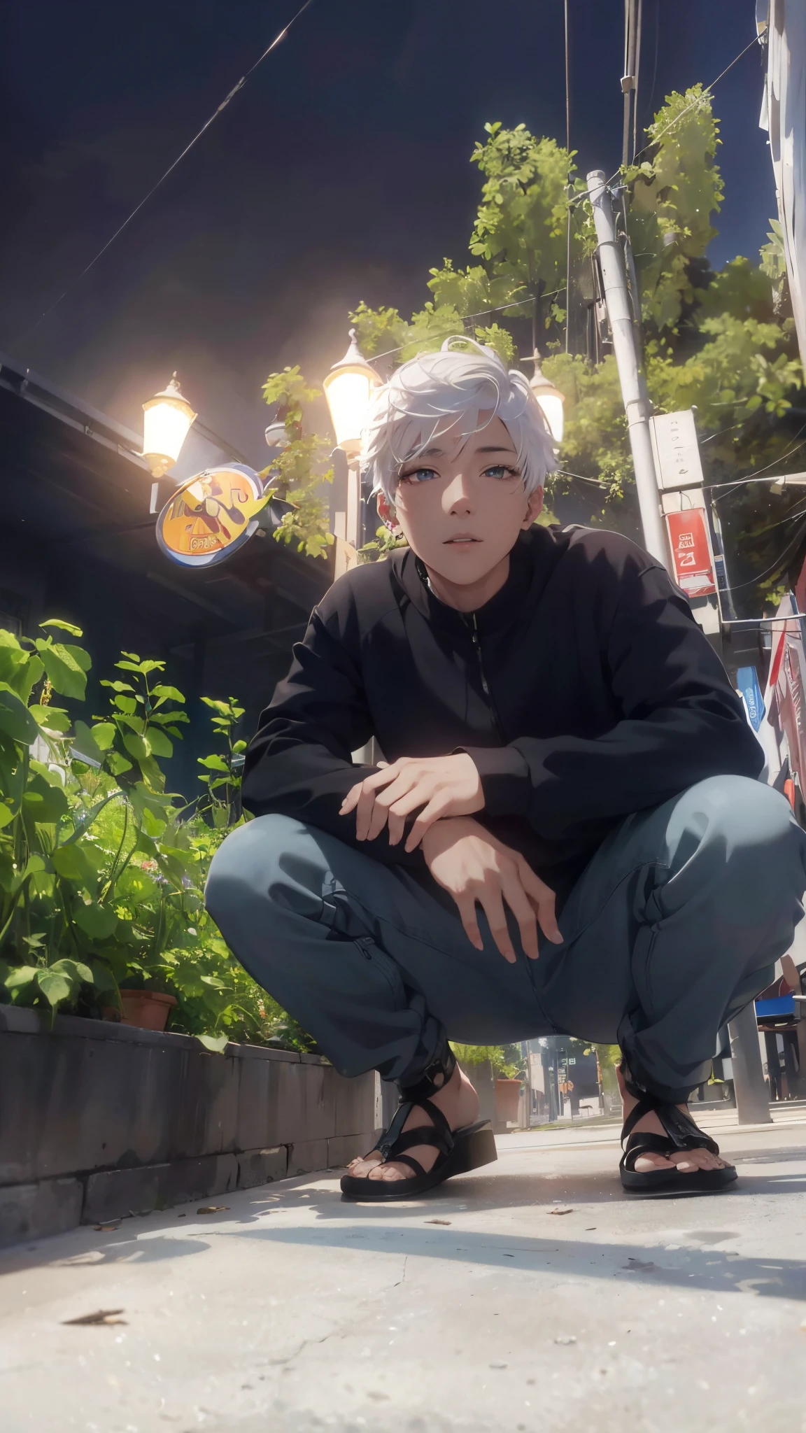 (absurdres, highres, ultra detailed, HDR), masterpiece, best quality, a boy, solo, handsome, short hair, white hair, finely eye and detailed face, casual clothes, real shadow, lift hand in peace sign, joyful, ear piecing,