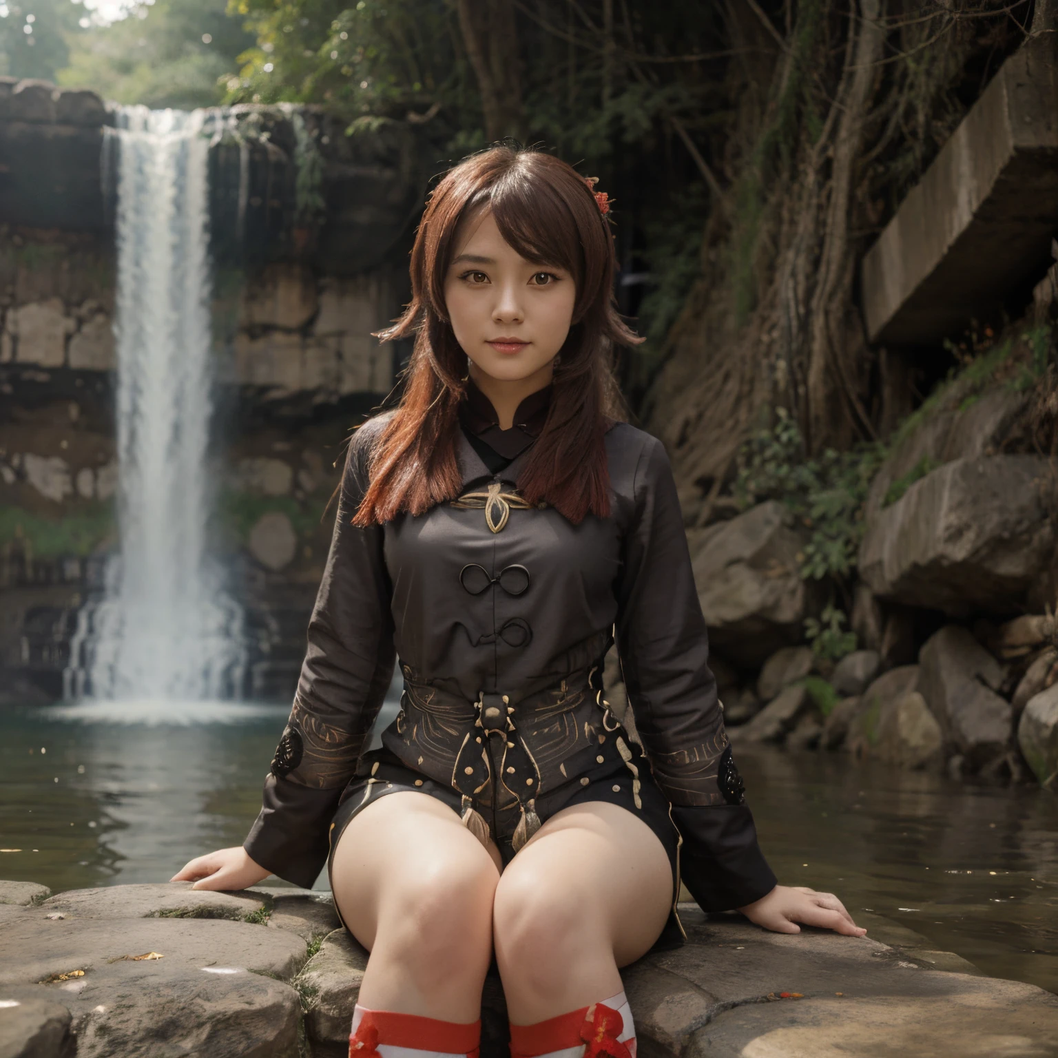 Top quality, high_resolution, Hu tao, genshin impact, hoyoverse, sitting, waterfall, cute, red hair, anime style,