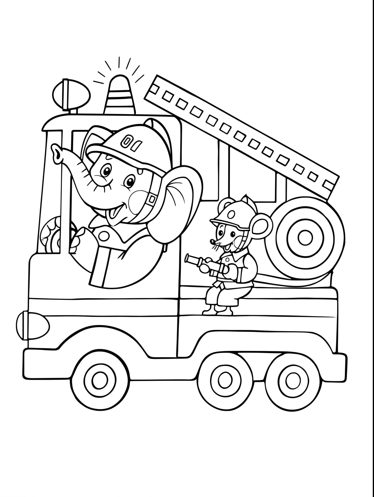 A coloring page of a fire truck with a firefighter and a dog, dibujos para colorear, Esquema del libro para colorear, colouring - in sheet, Playing with a small fire truck, Dibujos para colorear, Line Art, coloring page, illustration black outlining, Dibujo de arte lineal para colorear, clean coloring book page, Dibujo de libro para colorear, Libro para colorear, Vista grande, Arte lineal simple, line drawing