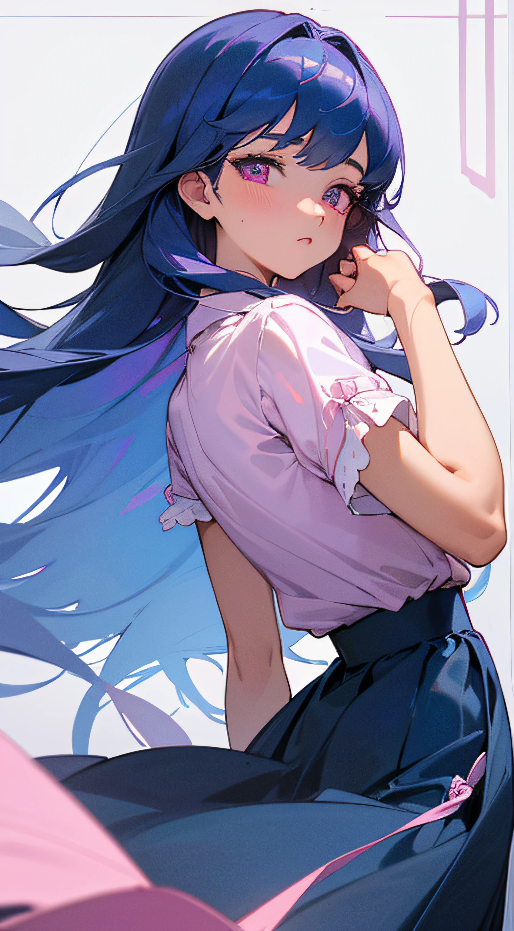 (Delicate and beautiful eyes and delicate face, Masterpiece side light, tmasterpiece, Best quality at best, Detailed pubic hair, high-resolution illustrations), (1 girl, beuaty girl, Glossy glossy skin, looking-down, looking at viewert), ( long azure hair, a pink eyes, a skirt, ribbons, Button-up shirt) 45 degree, top views, Side Body, (Hand detail)