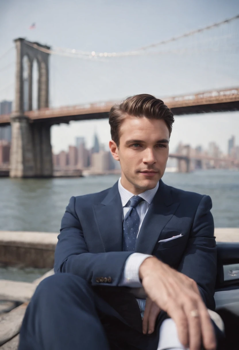 A photo of Finance Bro sitting in a luxury sports car with the Brooklyn Bridge in the background,original,30 years old, masculine, near comb over hair, wears a navy suit with a tie, walks around New York City