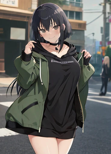 masutepiece, Best Quality, hight resolution, Long hair, greyt hair, bob cuts, Black Choker, a black T-shirt, Hood down, Green jacket, Open jacket, Bottomless, Standing, Cowboy Shot, Street, Smile, huge-breasted, Curve