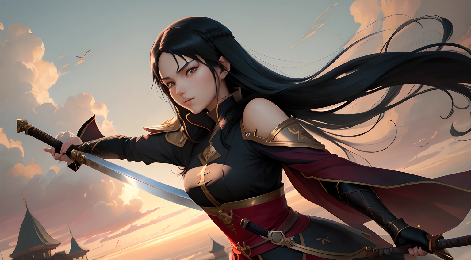 Woman with long black hair, holding a sword in front of the sky, Люцина из Fire Emblem, holding a sword on her shoulder, she holds a sword, ayaka genshin impact, 4k anime wallpaper, anime wallpaper 4k, anime wallpaper 4k, keqing from genshin impact, artgerm and atey ghailan, badass anime 8 k