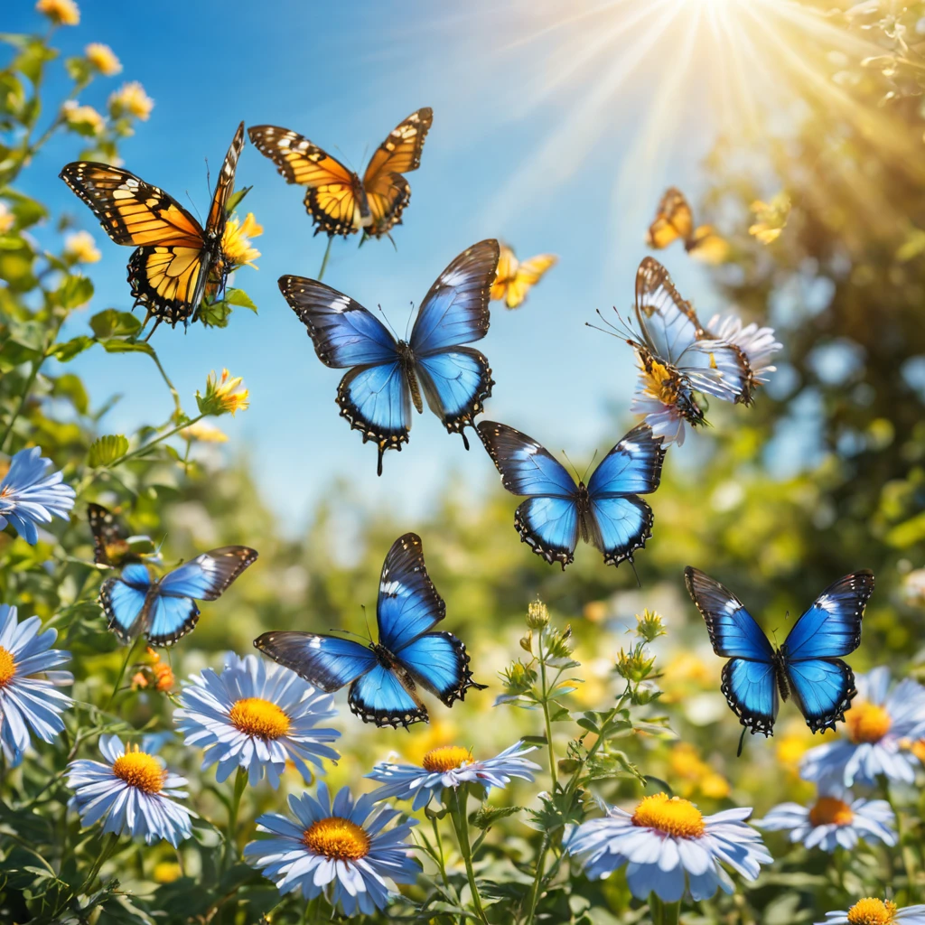 Butterflies flying over the flower bed,The background is sunny, Butterflies and sunlight, butterflies flying, Flowers and butterflies, harmony of butterfly, Glowing blue butterfly, Butterfly in the foreground, Butterflies flying in the sky, A beautiful photo, beautiful photograph, butterflys, Beautiful black blue yellow, Incredibly beautiful, butterflys, glowing butterflies, window shutters, beatiful background