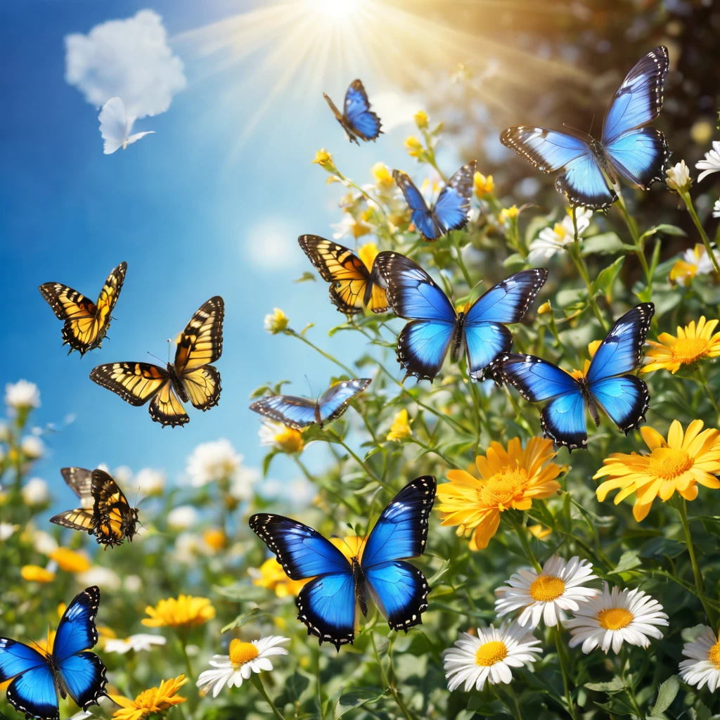 Butterflies flying over the flower bed,The background is sunny, Butterflies and sunlight, butterflies flying, Flowers and butterflies, harmony of butterfly, Glowing blue butterfly, Butterfly in the foreground, Butterflies flying in the sky, A beautiful photo, beautiful photograph, butterflys, Beautiful black blue yellow, Incredibly beautiful, butterflys, glowing butterflies, window shutters, beatiful background