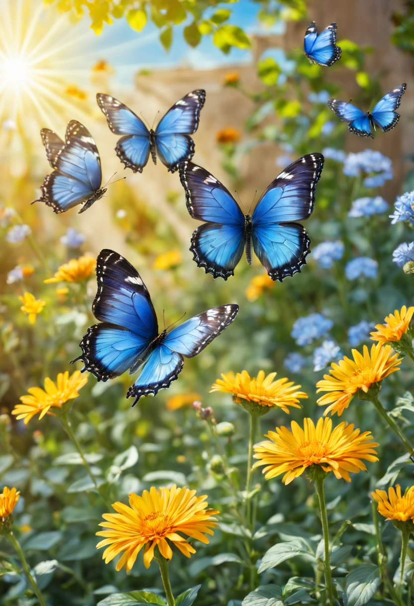 Butterflies flying over the flower bed，The background is sunny, Butterflies and sunlight, butterflies flying, Flowers and butterflies, harmony of butterfly, Glowing blue butterfly, Butterfly in the foreground, Butterflies flying in the sky, A beautiful photo, beautiful photograph, butterflys, Beautiful black blue yellow, Incredibly beautiful, butterflys, glowing butterflies, window shutters, beatiful background