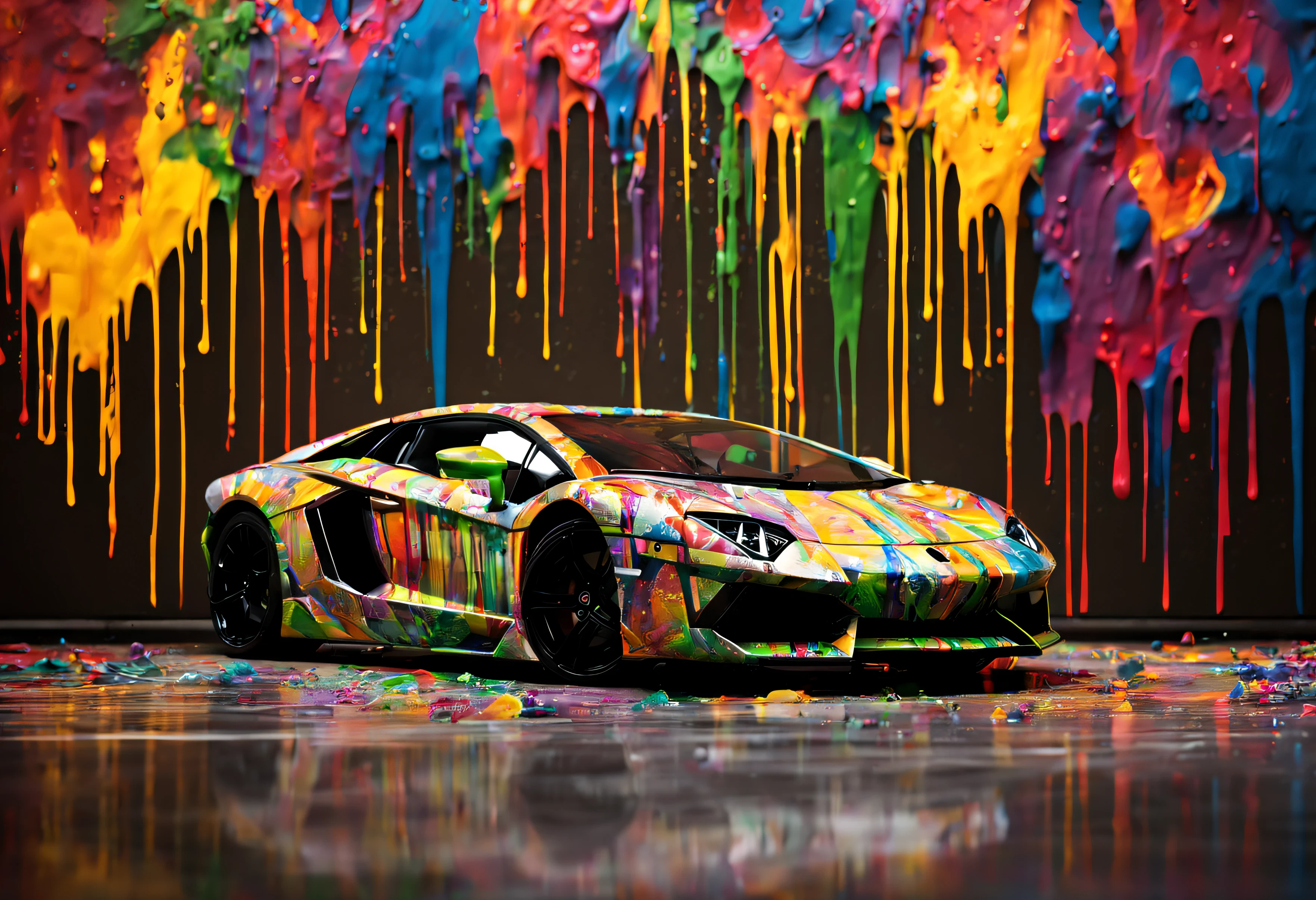 Lamborghini Aventador, studio background, paint dripping in the background