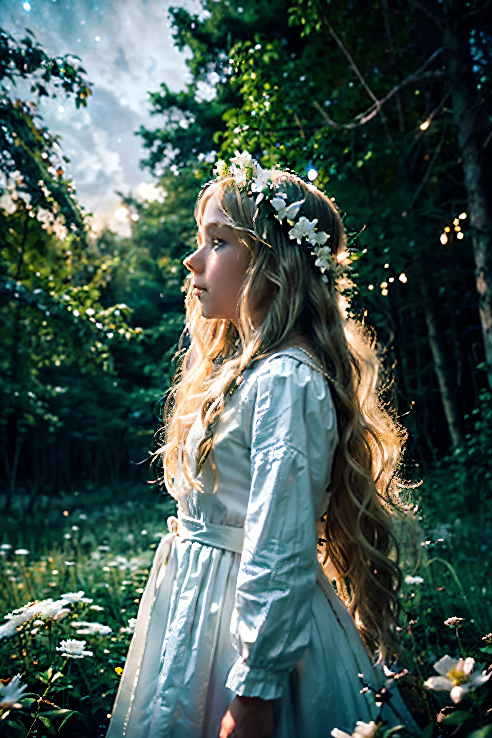 A portrait of a girl in a wet white dress, Shiny brown hair, cloesup shot, Mystical forest in the background, HDR, Cinematic, F/2.8, Lens Flare, Sunlight, Cinematic Lighting