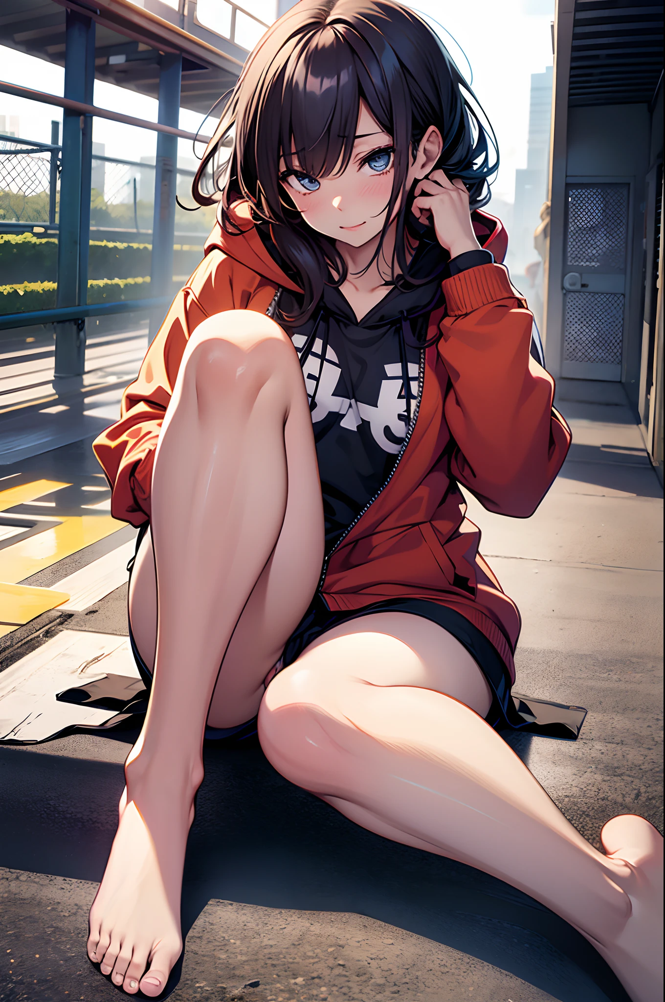 hiqcgbody, Realistic, 1girl in, Full body, Sitting, 12year old, Lori, elementary student, casual, Loose clothes, Hoodie, Barefoot, Colorful, masutepiece, Best Quality, 8K,Ahegao ( Silly / Sexual ecstasy)