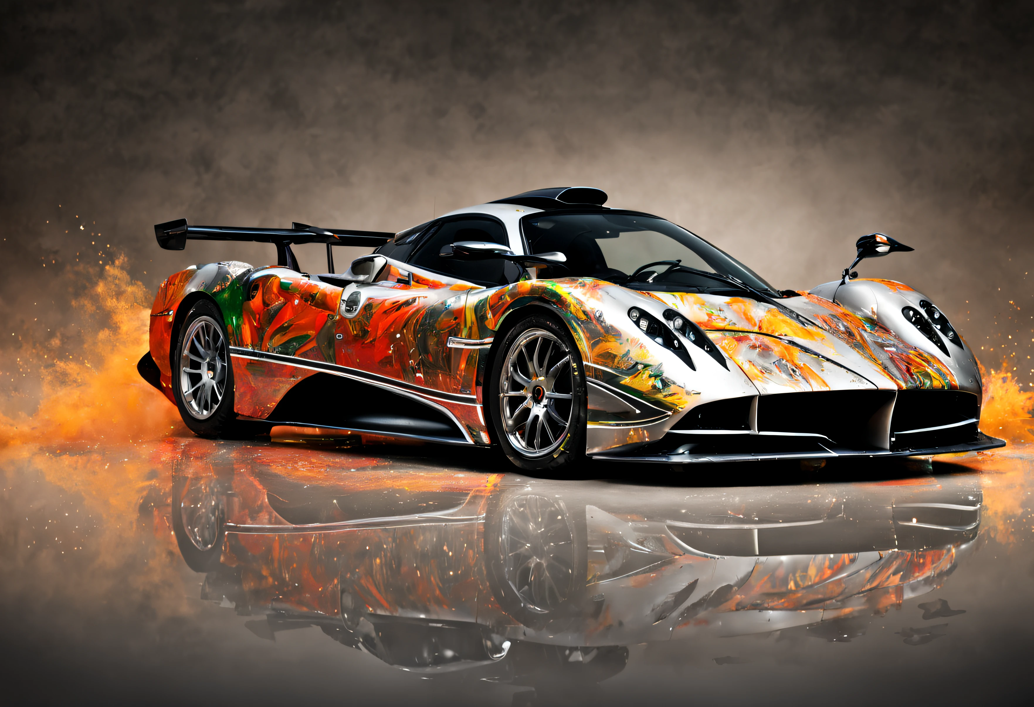 Pagani Zonda, studio background, paint exploding in the background