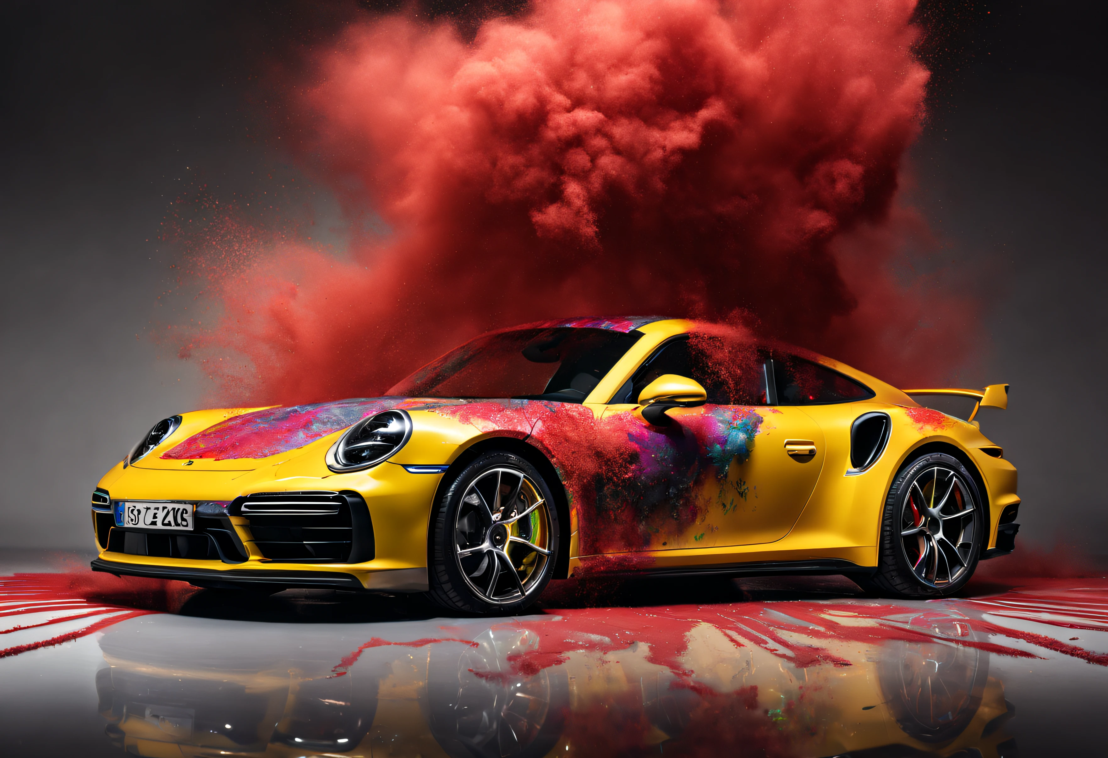 Porsche 911 Turbo S 992, studio background, paint exploding in the background