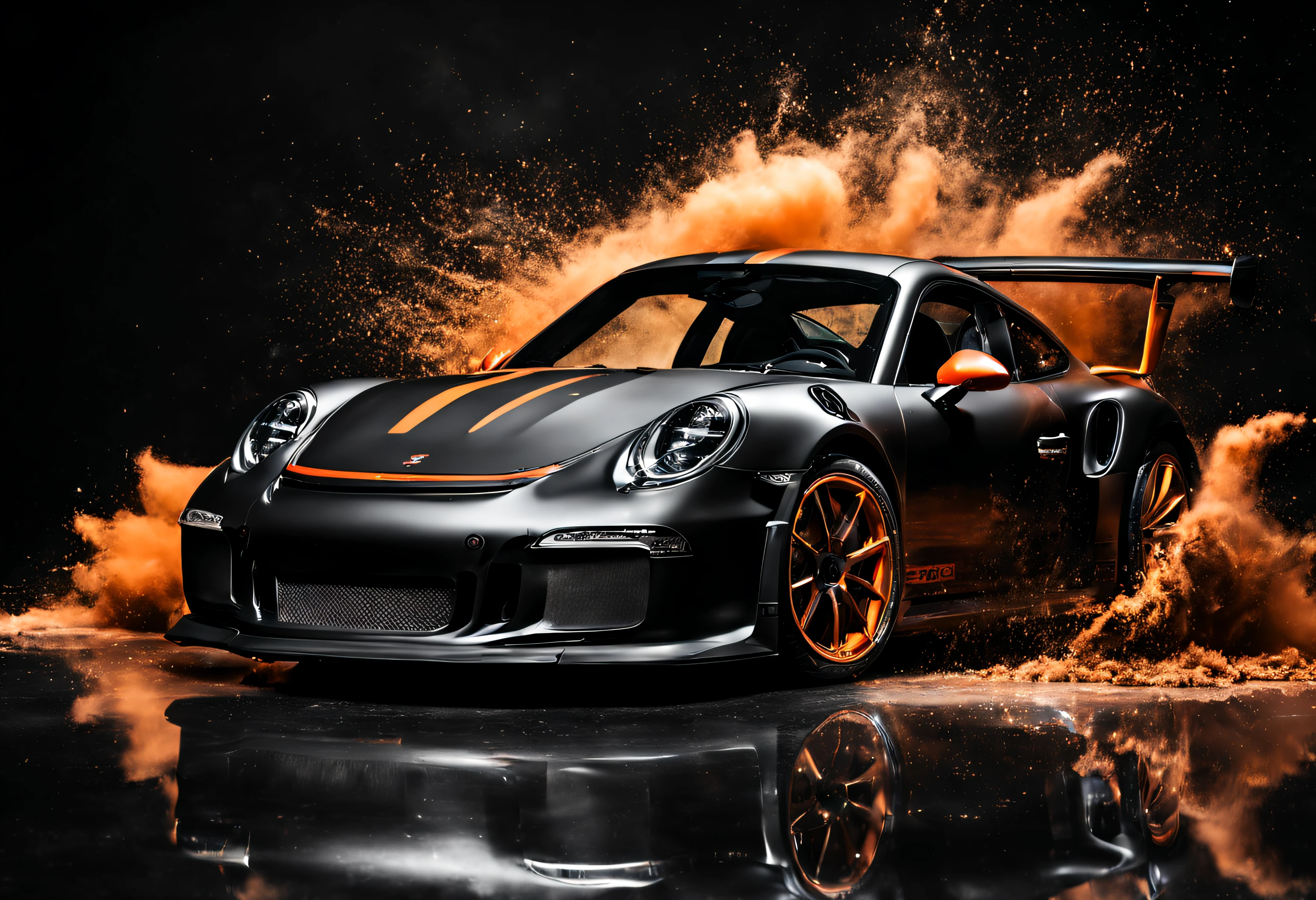 Black Porsche GT3RS, studio background, paint exploding in the back