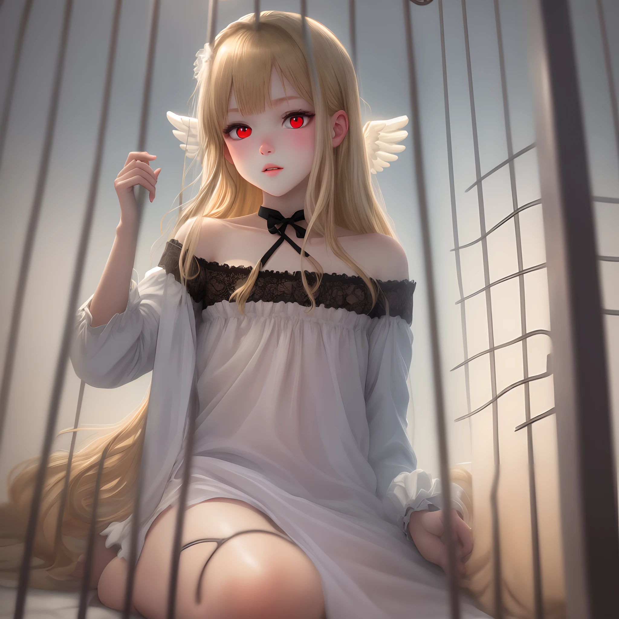 Angel boy with red eyes and silky blond in a cage