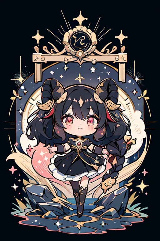 anime style; 3d; glitter; horoscope sign Capricornus goddess; color black; Goat details; ♑ symbol; onyx stone;