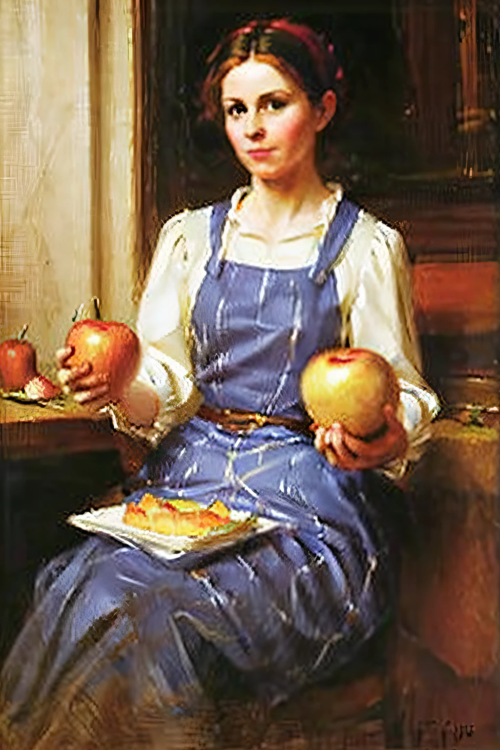 Create an oil painting, deep shadows, striking lines, of a white woman sitting, holding an apple and a hamburger in each hand, representing a healthy diet, dramatic style.