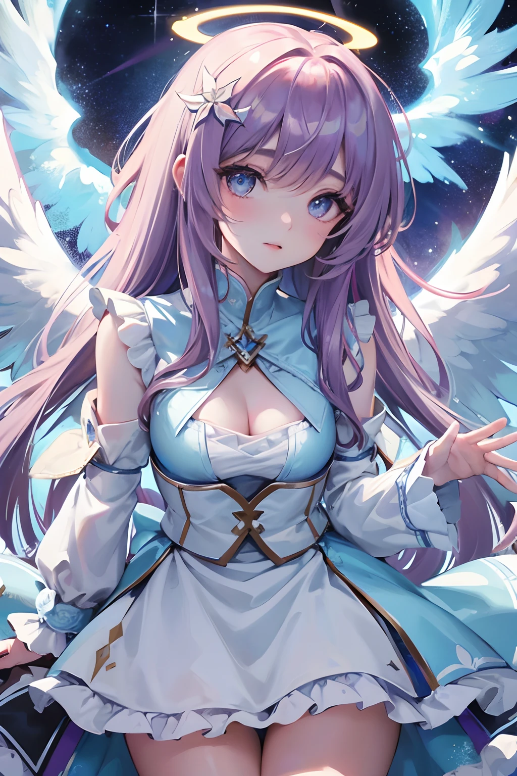 tmasterpiece, (Best quality:1.2), [:Complicated details:0.2], 1 plump girl,  Angelic, the angel's wings, White frills, (Daytime sky), A flashing halo, intense concentration, Burst energy, mystic symbols, scintillation particles,