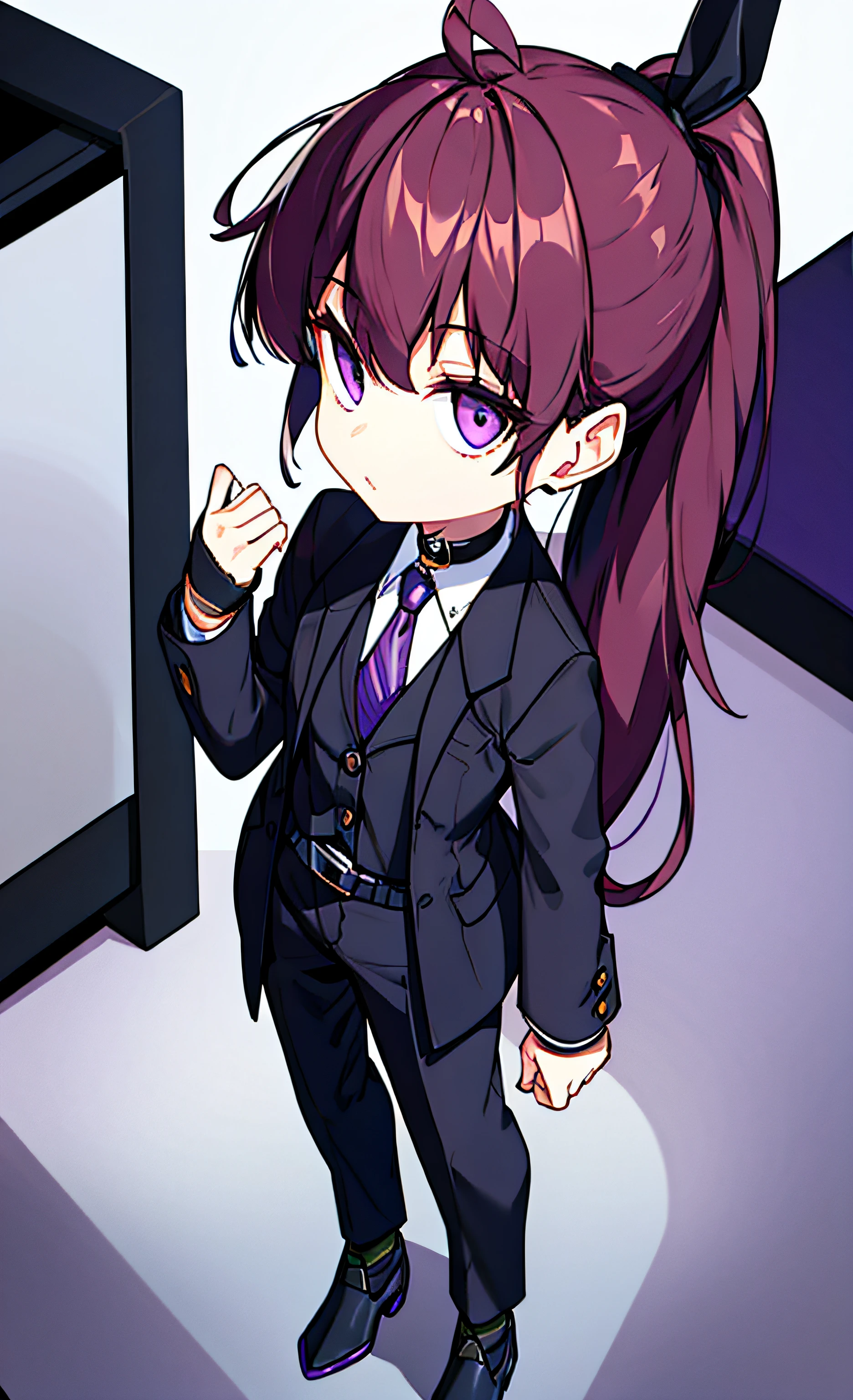 top-quality、ultra-detailliert、doll、1girll、独奏、Long、breastsout、bangss、Brown hair、The shirt、gloves、long-sleeve、closed mass、Purple Eye、jaket、fullllbody、poneyTail、purplehair、whiteshirt、Ahoge、Open clothes、neck tie、a choker、Black gloves、a belt、shirt with collar、underpants、Black Footwear、Open jacket、Black jacke、Formal、black pants、suits、purple necktie、Earpiece、(one knee、:1.4) a room、inside the house、(looking at the viewers:1.3)、(tilt your head、own head in hand:1.2)