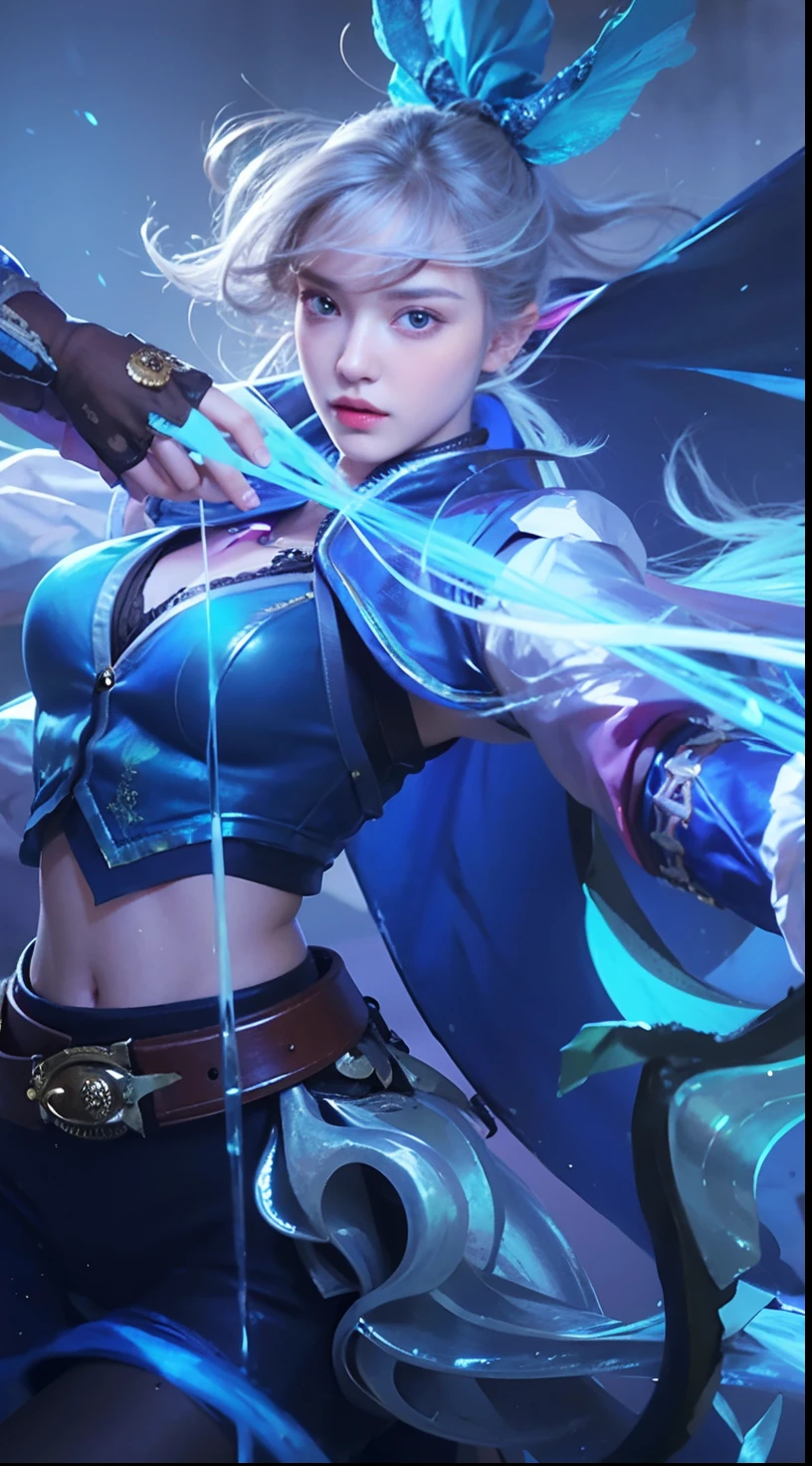 (female:1.2), 8k, ultra hd, ultra detailed texture, detailed skin, detailed eyes, hyper realistic, masterpiece:1.4, detailed texture, detailed face, detailed skin, detailed lighting, (photorealistic:1.5), best quality, (((full body in frame:1.4))), beautiful lighting, cinematic lighting, professional lighting, ultra high res, realistic, detailed hair, real hair, high quality, (real skin:1.5), extremely detailed, finely detail, ultra-detailed, 1girl, solo, (blue eyes:1.2), pink lips, make up, pretty, beautiful, cute face, wonderland, eye shadow, v-shaped eyebrow, very long hair, ponytails, white hair, holding bow \(weapon\), detailed bow, aiming, bare shoulder, separate sleeves, armor shoulder, silver armor, blue cape, blue sleeveless, gloves fingerless, armor elbow, large breasts, night, galaxy, blurry starry background, belt, black pants, blue light, blue energy, electric, feather, miya \(mobile legends\), closed mouth, looking aways, amazing pose