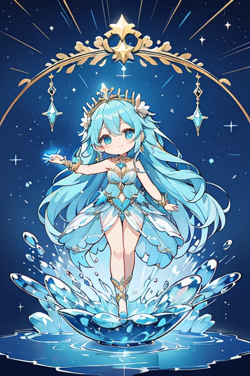anime style; 3d; glitter; horoscope sign Aquarius goddess; color ligh blue; Water Bearer details; ♒ symbol; aquamarine stone;