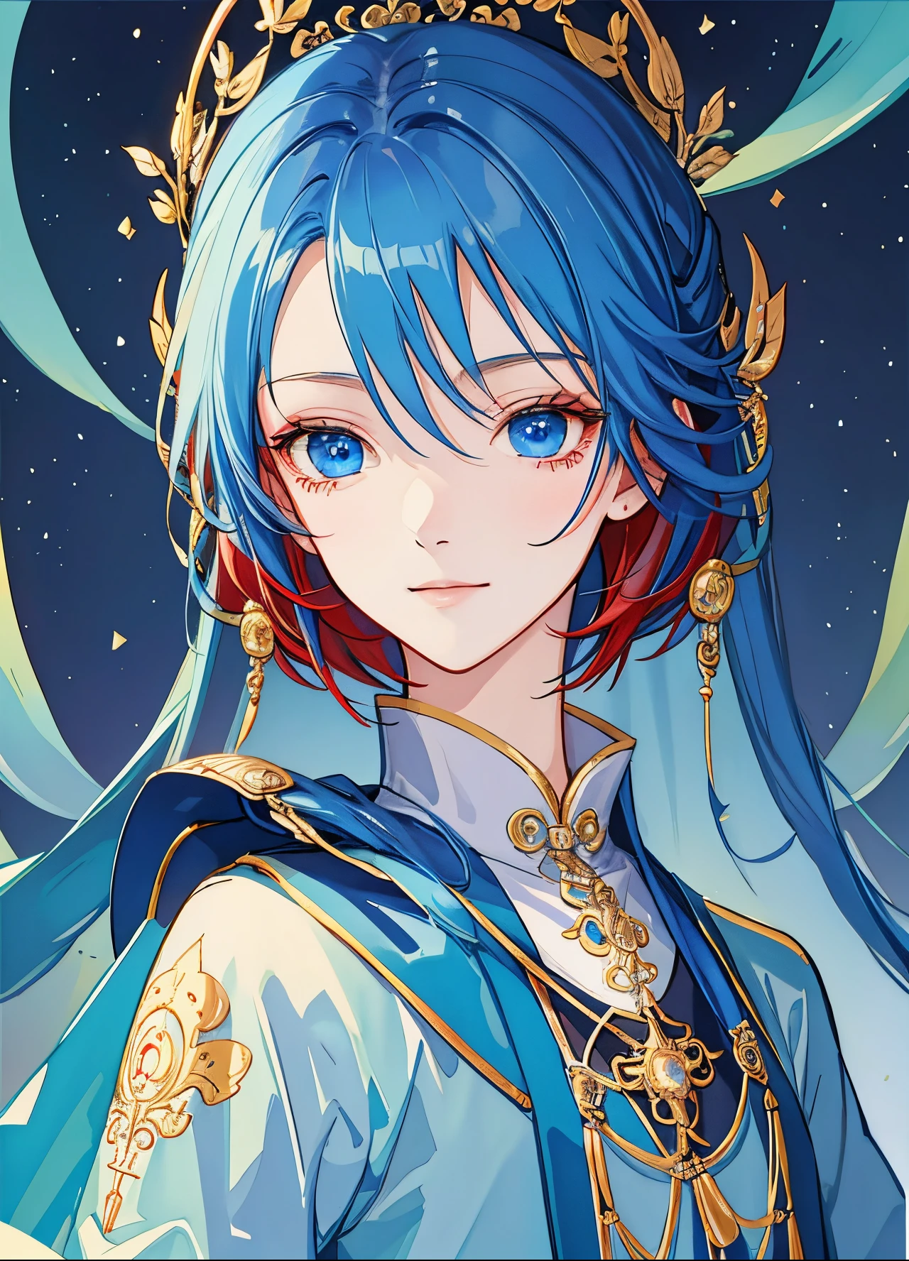 ​masterpiece、top-quality、超A high resolution、2D Bishonen、animesque、Teenage Boy、snake-like appearance、Red hair、short-haired、Beautiful blue eyes、The clothes are also depicted in detail、Eyes are depicted in detail、The face is depicted in detail、The background is detailed、sorcerer、soio、Gentle smile、hair adornments、animesque、illustratio