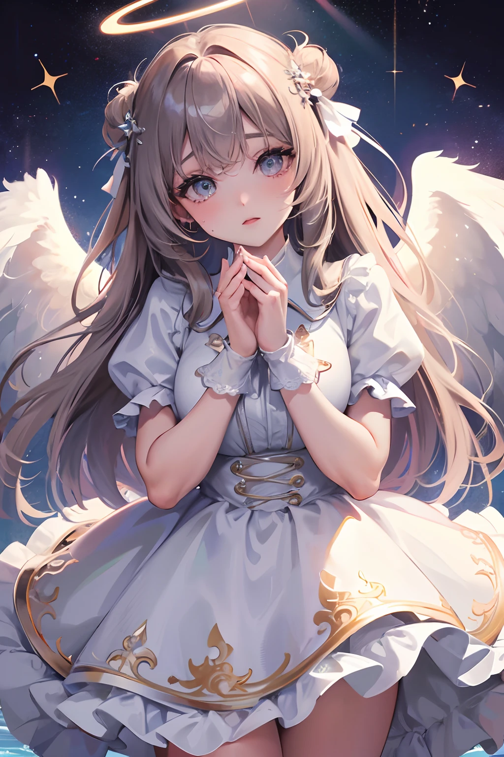 tmasterpiece, (Best quality:1.2), [:Complicated details:0.2], 1 plump girl,  Angelic, the angel's wings, White frills, (Daytime sky), A flashing halo, intense concentration, Burst energy, mystic symbols, scintillation particles,